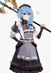 Rule 34 | 1girl, absurdres, alternate costume, apron, beret, black hat, blue hair, braid, commentary, detached sleeves, eml 425, english commentary, hairpin, halberd, hand on own hip, hat, heart, highres, hololive, hoshimachi suisei, long hair, maid apron, multiple hairpins, polearm, short sleeves, side ponytail, simple background, solo, star (symbol), star in eye, symbol in eye, virtual youtuber, weapon, white background