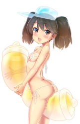 Rule 34 | 1girl, absurdres, arched back, ass, between buttocks, between legs, bikini, breasts, brown eyes, brown hair, butt crack, commentary request, fang, from behind, highres, inflatable toy, kantai collection, long hair, looking at viewer, looking back, micro bikini, open mouth, ryuujou (kancolle), saiki banjo, scroll, shiny skin, side-tie bikini bottom, simple background, skindentation, small breasts, smile, solo, standing, swimsuit, twintails, visor cap, wet, white background, white bikini