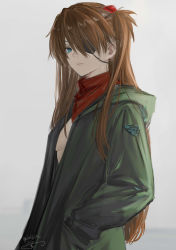Rule 34 | 1girl, blue eyes, brown hair, evangelion: 3.0+1.0 thrice upon a time, expressionless, eyebrows hidden by hair, eyepatch, from side, green jacket, grey background, hands in pockets, highres, hood, hooded jacket, interface headset, isshiki (ffmania7), jacket, neon genesis evangelion, one eye covered, rebuild of evangelion, red scarf, scarf, simple background, solo, souryuu asuka langley, two side up