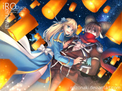 Rule 34 | 1boy, 1girl, armor, assassin cross (ragnarok online), black cape, black pants, black shirt, blonde hair, blue dress, blue eyes, blush, bow, brown eyes, brown hair, cape, clip studio paint (medium), commentary, commission, cross, dress, english commentary, feet out of frame, hair between eyes, high priest (ragnarok online), holding hands, horns, interlocked fingers, juliet sleeves, lantern, long hair, long sleeves, looking at viewer, looking back, mizonaki, night, open clothes, open mouth, open shirt, pants, paper lantern, pauldrons, puffy sleeves, ragnarok online, red scarf, sash, scarf, shirt, short hair, shoulder armor, sky, smile, star (sky), starry sky, thighhighs, torn cape, torn clothes, vambraces, waist cape, white bow, white sash, white thighhighs
