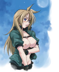 Rule 34 | 00s, 1girl, artist name, black gloves, black shorts, blonde hair, blue eyes, blush, breasts, day, framed breasts, gloves, green jacket, jacket, large breasts, long hair, lowres, madlax, madlax (character), maruto!, moon, night, nipples, open clothes, open jacket, open shirt, parted lips, shirt, shorts, signature, sky, solo