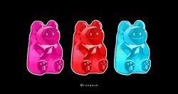 Rule 34 | black background, commentary request, food, food focus, furrysum, gummy bear, highres, korean commentary, no humans, original, outline, simple background, twitter username, white outline