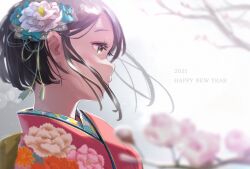 Rule 34 | 1girl, 2021, black hair, blurry, blurry background, blurry foreground, brown eyes, cherry blossoms, closed mouth, commentary, day, depth of field, english text, floral print, flower, from side, hair flower, hair ornament, happy new year, highres, japanese clothes, kimono, minawa, nengajou, new year, original, pink kimono, portrait, print kimono, profile, short hair, solo, sunlight, wind