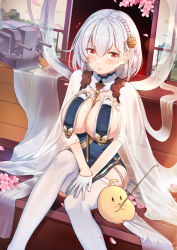 Rule 34 | 1girl, absurdres, azur lane, bad id, bad pixiv id, blush, braid, breast curtains, breasts, china dress, chinese clothes, commentary request, dress, garter straps, gloves, hair between eyes, hair ornament, highres, jiaoshoutongxue, large breasts, looking at viewer, pelvic curtain, red eyes, revealing clothes, short hair, sirius (azur lane), sirius (azure horizons) (azur lane), sitting, solo, thighhighs, white gloves, white hair, white thighhighs