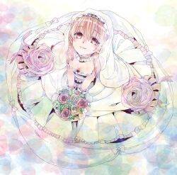 1girl bouquet breasts bridal_veil brown_eyes brown_hair coma_(macaron) dress flower full_body gloves highres holding holding_bouquet long_hair looking_at_viewer lymle_lemuri_phi smile solo star_ocean star_ocean_the_last_hope veil wedding_dress white_dress white_gloves