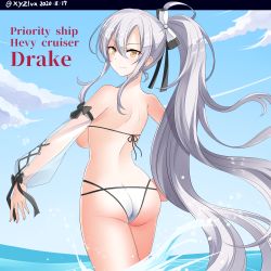 Rule 34 | 1girl, absurdres, ass, azur lane, back, bikini, blue sky, bow, breasts, brown eyes, character name, cloud, dated, detached sleeves, drake (azur lane), drake (the golden hind&#039;s respite) (azur lane), from behind, hair bow, hebitsukai-san, highres, large breasts, long hair, looking at viewer, looking back, multi-strapped bikini, ocean, outdoors, partially submerged, ponytail, see-through, see-through sleeves, sidelocks, silver hair, sky, smile, solo, string bikini, swimsuit, twitter username, water, white bikini