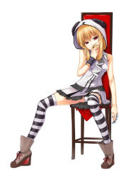Rule 34 | 1girl, bare shoulders, blonde hair, covering face, covering own mouth, covering privates, dress, frills, gin (ginshari), hood, hoodie, legs, long legs, original, panda, panties, pantyshot, parka, red eyes, sitting, skirt, solo, striped clothes, striped thighhighs, thighhighs, underwear, upskirt, zettai ryouiki