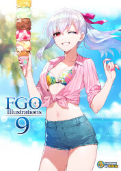 Rule 34 | 1girl, blush, breasts, cleavage, collarbone, denim, denim shorts, earrings, fate/grand order, fate (series), food, grin, hair ribbon, highres, ice cream, jewelry, kama (fate), large breasts, long hair, looking at viewer, midriff, navel, one eye closed, pink shirt, ponytail, red eyes, redrop, ribbon, shirt, shorts, smile, solo, tied shirt, white hair