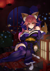 Rule 34 | 10s, absurdres, amanesan, animal ears, blue ribbon, blue thighhighs, breasts, cleavage, collarbone, detached sleeves, fate/extella, fate/extra, fate/grand order, fate (series), fox ears, fox tail, hair ribbon, highres, indoors, japanese clothes, large breasts, looking at viewer, night, pink hair, ribbon, round window, sitting, solo, tail, tamamo (fate), tamamo no mae (fate/extra), thighhighs, window, yellow eyes