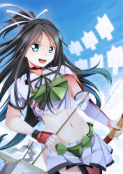 Rule 34 | 10s, 1girl, :d, arrow (projectile), black hair, blue eyes, bow (weapon), crop top, dutch angle, gloves, hair ribbon, highres, kantai collection, katsuragi (kancolle), long hair, looking at viewer, midriff, miniskirt, muneate, navel, open mouth, partially fingerless gloves, partly fingerless gloves, pleated skirt, ponytail, quiver, remodel (kantai collection), ribbon, skirt, smile, solo, thighhighs, weapon, yasume yukito, yugake
