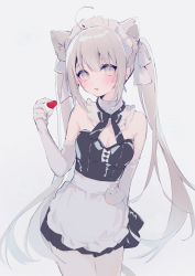 Rule 34 | 1girl, ahoge, animal ear fluff, animal ears, apron, bare shoulders, black dress, breasts, cat ears, cleavage, commentary request, cowboy shot, dress, elbow gloves, frilled apron, frills, gloves, grey background, grey eyes, grey hair, hand up, heart, highres, long hair, maid, maid headdress, original, pantyhose, simple background, small breasts, solo, standing, strapless, strapless dress, suzumori uina, twintails, very long hair, waist apron, white apron, white gloves, white pantyhose
