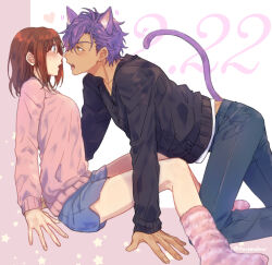 Rule 34 | 1boy, 1girl, all fours, animal ear fluff, animal ears, anzu (ensemble stars!), artist name, black sweater, blue eyes, blue pants, blue shorts, blush, breasts, brown hair, cat boy, cat ears, cat tail, collarbone, commentary request, dark-skinned male, dark skin, dated, earrings, ensemble stars!, eye contact, fingernails, hair between eyes, heart, jewelry, long sleeves, looking at another, medium breasts, medium hair, open mouth, otogari adonis, pants, parted bangs, pink background, pink socks, pink sweater, profile, purple hair, short hair, short shorts, shorts, sidelocks, simple background, sitting, sleepwildbear, socks, star (symbol), striped clothes, striped socks, sweatdrop, sweater, tail, teeth, twitter username, two-tone background, v-neck, white background, wide-eyed, yellow eyes
