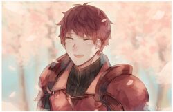 Rule 34 | 1boy, armor, artist name, batensan, black shirt, blue background, cherry blossoms, closed eyes, commentary, english commentary, fire emblem, fire emblem echoes: shadows of valentia, lukas (fire emblem), male focus, nintendo, red armor, red hair, shirt, smile, tree