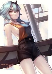 Rule 34 | 1girl, absurdres, alternate costume, bare arms, bare shoulders, black shorts, blue hair, breasts, closed mouth, cowboy shot, eula (genshin impact), genshin impact, hairband, high-waist shorts, highres, looking at viewer, medium breasts, no bra, nowlasd, orange eyes, shirt, shirt tucked in, short hair, short shorts, shorts, sideboob, sleeveless, sleeveless shirt, solo, thighs, two-tone shirt