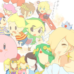 Rule 34 | 5boys, 6+girls, :d, animal crossing, balloon, bare shoulders, baseball cap, black eyes, black hair, blonde hair, blue eyes, blush, brown hair, choker, circlet, clenched hand, closed eyes, covering own mouth, crown, earrings, faceless, faceless female, green hair, hair ornament, hair over one eye, hand over own mouth, hat, holding, holding sword, holding weapon, jewelry, kid icarus, kid icarus uprising, kirby, kirby (series), laurel crown, link, lucas (mother 3), mario (series), metroid, monado, mother (game), mother 2, mother 3, multiple boys, multiple girls, necklace, ness (mother 2), nintendo, open mouth, outstretched arms, palutena, pit (kid icarus), ponytail, poo, princess peach, princess zelda, quiff, rosalina, samus aran, shield, shirt, shorts, shulk (xenoblade), sidelocks, smile, solid oval eyes, striped clothes, striped shirt, super mario galaxy, super smash bros., sweatdrop, sword, tank top, the legend of zelda, the legend of zelda: the wind waker, the legend of zelda: twilight princess, toon link, translation request, tunic, villager (animal crossing), weapon, wii fit, wii fit trainer, wii fit trainer (female), wings, xenoblade chronicles (series), xenoblade chronicles 1, zero suit