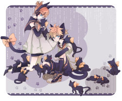 Rule 34 | 1boy, 1girl, animal ears, blonde hair, blue eyes, bow, brother and sister, cat, cat ears, detached sleeves, hair ornament, hairclip, headphones, kagamine len, kagamine rin, mozzu, ribbon, shoes, short hair, siblings, sitting, too many, too many cats, twins, vocaloid