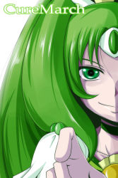 Rule 34 | 10s, 1girl, bloom, character name, choker, cure march, green eyes, green hair, green theme, highres, long hair, magical girl, matching hair/eyes, midorikawa nao, nishi koutarou, out of frame, outstretched hand, portrait, precure, simple background, smile, smile precure!, solo, white background