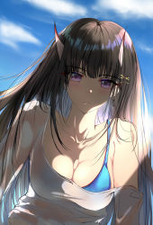 Rule 34 | 1girl, azur lane, bare shoulders, black hair, blue bra, blue sky, blush, bra, bra strap, breasts, cleavage, collarbone, earrings, from behind, hair ornament, hairclip, highres, horns, jewelry, long hair, looking at viewer, medium breasts, noshiro (azur lane), open mouth, purple eyes, shirt, sky, solo, teeth, underwear, upper body, white shirt, xi ying