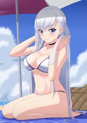 Rule 34 | 1girl, azur lane, basket, beach, beach umbrella, belfast (azur lane), bikini, blue eyes, blush, bracelet, breasts, chinese commentary, choker, cloud, cloudy sky, commentary request, feet, from side, halterneck, highres, jewelry, large breasts, legs together, lemon kele, long hair, looking at viewer, navel, necklace, ocean, silver hair, sky, smile, solo, string bikini, swimsuit, thighs, towel, umbrella, very long hair, white bikini