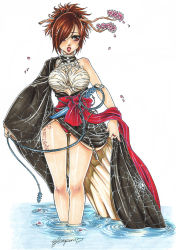 Rule 34 | 1girl, alternate costume, breasts, flower, geisha, japanese clothes, kazama asuka, kimono, large breasts, non-web source, red hair, ribbon, sarashi, solo, sword, tekken, water, weapon, wet