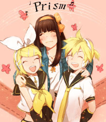 Rule 34 | 1boy, 2girls, animification, blonde hair, brother and sister, brown hair, closed eyes, flower, hair ribbon, headphones, kagamine len, kagamine rin, mitosa, multiple girls, real life, ribbon, shimoda asami, siblings, smile, twins, vocaloid, voice actor