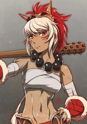 Rule 34 | 1girl, bandaged arm, bandages, bandeau, beads, biceps, club, club (weapon), dark-skinned female, dark skin, facepaint, facial tattoo, fire emblem, fire emblem fates, frown, fur trim, gradient background, hand on own hip, kanabou, looking at viewer, mask, mask on head, midriff, multicolored hair, navel, nintendo, over shoulder, polarityplus, prayer beads, red eyes, red hair, rinkah (fire emblem), sarashi, short hair, solo, spiked club, stomach, strapless, tattoo, toned, tube top, weapon, weapon over shoulder, white hair