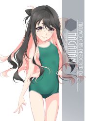 Rule 34 | 1girl, alternate breast size, artist name, black hair, character name, clip studio paint (medium), collarbone, commentary request, cowboy shot, eyes visible through hair, flat chest, gradient background, green one-piece swimsuit, hair between eyes, highres, inaba shiki, kantai collection, long hair, looking at viewer, multicolored hair, naganami (kancolle), new school swimsuit, one-hour drawing challenge, one-piece swimsuit, photoshop (medium), pink hair, school swimsuit, simple background, solo, standing, swimsuit, two-tone hair, wavy hair, white background, yellow eyes