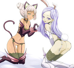Rule 34 | 2girls, animal ears, ass, asymmetrical clothes, black bustier, black gloves, black legwear, blue eyes, blue hair, boots, bottomless, breasts, brown eyes, bustier, cat ears, cat tail, clam curry, cleavage, cleft of venus, collar, dark-skinned female, dark skin, elbow gloves, elin, garter belt, garter straps, gloves, grey hair, grey legwear, hair bun, high heels, holding hands, kneeling, long hair, looking back, midriff, multiple girls, navel, no panties, open mouth, pussy, rabbit ears, rabbit tail, single hair bun, small breasts, smile, tail, tera online, thigh boots, thighhighs, white gloves