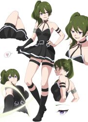 Rule 34 | 1girl, arm strap, armlet, belt, black belt, black dress, black footwear, black gloves, boots, breasts, choker, closed mouth, commentary, cropped arms, cropped torso, disembodied eye, double-parted bangs, dress, elbow gloves, full body, gloves, green hair, grin, hair between eyes, hand on own hip, heart, highres, long hair, looking ahead, looking down, looking to the side, lower teeth only, medium breasts, momomatang, multiple views, o-ring, o-ring choker, parted lips, pleated dress, profile, purple eyes, side ponytail, sideways glance, simple background, single glove, smile, sousou no frieren, spoken heart, standing, standing on one leg, teeth, thigh strap, ubel (sousou no frieren), white background