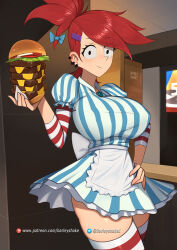 Rule 34 | 1girl, apron, aqua bow, barleyshake, bow, breasts, burger, cheese, cosplay, covered erect nipples, cowboy shot, dress, ear piercing, earrings, food, foster&#039;s home for imaginary friends, frankie foster, hair bow, hair ornament, hairclip, hand on own hip, highres, jewelry, large breasts, lettuce, looking at viewer, patreon logo, patreon username, piercing, ponytail, product girl, puffy short sleeves, puffy sleeves, red hair, short sleeves, signature, solo, striped clothes, striped dress, striped thighhighs, thighhighs, tomato, tomato slice, too much burger, twitter logo, twitter username, watermark, web address, wendy&#039;s, wendy (wendy&#039;s), wendy (wendy&#039;s) (cosplay), white apron