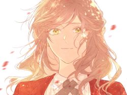 Rule 34 | 1girl, brown hair, close-up, closed mouth, earrings, green eyes, highres, jacket, jewelry, jiukuzi18797, long hair, looking at viewer, petals, portrait, red jacket, rosa (tears of themis), simple background, smile, solo, tears of themis, white background
