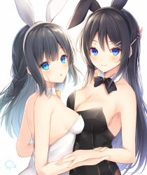 Rule 34 | 2girls, :o, absurdres, animal ears, asymmetrical docking, bare arms, bare shoulders, black bow, black bowtie, black hair, black hairband, black leotard, blue eyes, blush, bow, bowtie, braid, breast press, breasts, cleavage, closed mouth, commission, detached collar, fake animal ears, hair ornament, hairband, hairclip, highres, holding another&#039;s wrist, kiri celea, leotard, long hair, looking at viewer, makinohara shouko, medium breasts, multiple girls, open mouth, pixiv commission, playboy bunny, rabbit ears, rabbit hair ornament, sakurajima mai, seishun buta yarou, side braid, sideboob, simple background, small breasts, strapless, strapless leotard, upper body, very long hair, white background, white hairband, white leotard