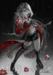 Rule 34 | 1girl, acheron (honkai: star rail), alternate form, ankle boots, arm up, asymmetrical legwear, belt, black belt, black choker, black coat, black gloves, black shorts, body markings, boots, breasts, choker, cleavage, coat, coattails, flower, gloves, glowing, glowing eye, glowing weapon, hair over one eye, heihei de hei yan long, highres, holding, holding sword, holding weapon, honkai: star rail, honkai (series), katana, looking at viewer, markings, midriff, monochrome, navel, official alternate color, parted lips, rain, red eyes, red flower, ripples, scabbard, sheath, short shorts, shorts, signature, single glove, single thigh boot, solo, spot color, standing, standing on liquid, sword, thigh boots, unsheathing, water, weapon, white hair, zduke
