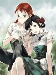 Rule 34 | 2girls, anne of green gables, anne shirley, aqua eyes, black eyes, black hair, blush, book, bow, braid, braided hair rings, casual, diana barry, freckles, friends, grass, hair bow, hair rings, head tilt, holding hands, moulton, multiple girls, nippon animation, open mouth, red hair, sitting, twin braids, watch, world masterpiece theater, wristwatch