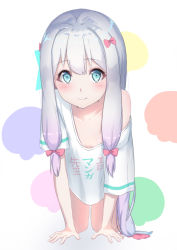 Rule 34 | 1girl, all fours, aqua eyes, arm support, bare legs, barefoot, bow, breasts, clothes writing, collarbone, downblouse, eromanga sensei, foreshortening, full body, gradient hair, hair bow, izumi sagiri, long hair, looking at viewer, low-tied long hair, makoto (bk69and7), multicolored background, multicolored hair, naked shirt, no pants, off shoulder, pink bow, pink hair, shirt, short sleeves, silver hair, single bare shoulder, small breasts, solo, t-shirt, tareme, very long hair, white shirt