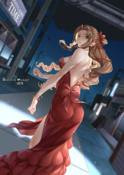 Rule 34 | 1girl, absurdres, aerith gainsborough, aerith gainsborough (red dress), backless outfit, bare back, bare legs, bow, braid, braided ponytail, brown hair, d. joko, dress, drill hair, final fantasy, final fantasy vii, final fantasy vii remake, green eyes, highres, long dress, long hair, pink bow, pink dress, red dress, revealing clothes, side drill, tri drills, wall market