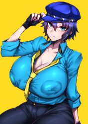 Rule 34 | 1girl, absurdres, blue eyes, blue hair, blue hat, blue shirt, breasts, cabbie hat, cleavage, covered erect nipples, female focus, fingerless gloves, gggg, gloves, hat, highres, huge breasts, matching hair/eyes, necktie, persona, persona 4, shirogane naoto, shirt, short hair, simple background, solo, yellow background, yellow necktie