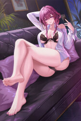 Rule 34 | 1girl, absurdres, ass, bare legs, bare shoulders, barefoot, black bra, black panties, bra, card, collarbone, commentary request, couch, crossed legs, feet, grin, highres, holding, holding card, honkai: star rail, honkai (series), kacyu, kafka (honkai: star rail), legs, long sleeves, looking at viewer, nail polish, on couch, open clothes, open shirt, panties, pink nails, plant, potted plant, purple eyes, purple hair, shirt, sidelocks, sitting, smile, soles, solo, thighs, toenail polish, toenails, toes, underwear, white shirt