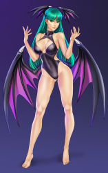 Rule 34 | 1girl, absurdres, bare shoulders, barefoot, black leotard, boots, breasts, cleavage, closed mouth, collarbone, commentary, covered collarbone, covered navel, demon girl, demon wings, fingernails, full body, gradient background, green eyes, green hair, hands up, head wings, highres, leotard, lips, long hair, looking at viewer, low wings, medium breasts, morrigan aensland, nail polish, seductive smile, shiny clothes, simple background, smile, solo, standing, thighs, titiartwork, toes, vampire (game), wings