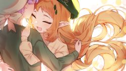 Rule 34 | 2girls, :d, backlighting, beret, blush, brown hair, brown sweater, cheli (kso1564), closed eyes, commentary request, copyright request, green headwear, green shirt, hair ornament, hat, highres, hug, leaf hair ornament, long hair, long sleeves, multiple girls, official art, open mouth, pointy ears, purple hair, shirt, short hair, simple background, smile, sweater, very long hair, white background, white headwear