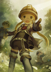 Rule 34 | 1girl, 2boys, belt, bike shorts, black gloves, black hair, blonde hair, child, flower, forest, glasses, gloves, green eyes, hat, long hair, made in abyss, multiple boys, nat (made in abyss), nature, noeyebrow (mauve), open mouth, petals, regu (made in abyss), riko (made in abyss), short hair, smile, standing, thighhighs, twintails