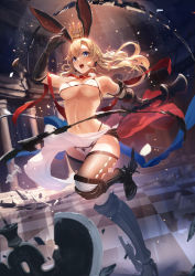 Rule 34 | 1girl, :o, absurdres, animal ears, arm up, armored boots, bare shoulders, bikini, blonde hair, blue eyes, blue ribbon, boots, breasts, chess piece, chessboard, cleavage, crown, debris, detached collar, earrings, gauntlets, hair between eyes, high heels, highres, holding, holding weapon, indoors, jewelry, long hair, navel, open mouth, original, pillar, red neckwear, red ribbon, ribbon, sabiirodoramu, sarong, solo, stomach, swimsuit, thighhighs, thighs, tile floor, tiles, underboob, weapon, white bikini, white sarong