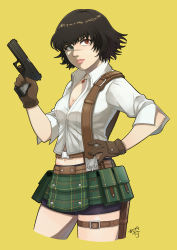 Rule 34 | 1girl, absurdres, bad id, bad pixiv id, belt pouch, bike shorts, black hair, breasts, brown gloves, cleavage, commentary request, devil may cry (series), devil may cry 3, eyelashes, finger on trigger, gloves, green eyes, green skirt, gun, hand on own hip, handgun, heterochromia, highres, holding, holding gun, holding weapon, holster, jewelry, lady (devil may cry), lips, medium breasts, necklace, pistol, plaid, plaid skirt, pleated skirt, pouch, red eyes, scar, scar on face, scar on nose, shirt, short hair, shorts, shorts under skirt, skirt, solo, thigh holster, touyama sairi, weapon, white shirt, yellow background