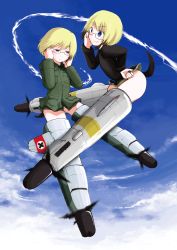 Rule 34 | 2girls, animal ears, bespectacled, blonde hair, blue eyes, day, dog ears, dog tail, erica hartmann, flying, glasses, highres, military, military uniform, multiple girls, nishi yuichi, no panties, panties, short hair, siblings, sisters, sky, smile, strike witches, strike witches: suomus misfits squadron, striker unit, tail, twins, underwear, uniform, ursula hartmann, world witches series