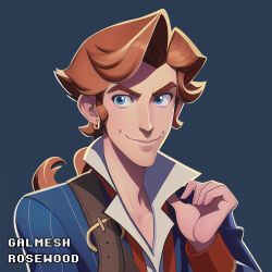 Rule 34 | 1boy, artist name, blue eyes, brown hair, commentary, earrings, english commentary, galmesh rosewood, grey background, guybrush threepwood, highres, jewelry, long hair, long sleeves, looking at viewer, male focus, monkey island, sidelocks, simple background, smile, solo, upper body