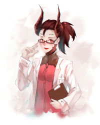 Rule 34 | 1girl, adjusting eyewear, bespectacled, black-framed eyewear, black hair, bodysuit, breast pocket, breasts, chromatic aberration, clipboard, dark persona, demon horns, devil mercy, facial mark, fang, forehead mark, glasses, hei chuan gui, highres, holding, holding clipboard, horns, lab coat, long sleeves, looking at viewer, mercy (overwatch), no wings, official alternate costume, open mouth, overwatch, overwatch 1, pen, pocket, ponytail, red bodysuit, semi-rimless eyewear, simple background, sketch, slit pupils, small breasts, smile, solo, under-rim eyewear, upper body, white background