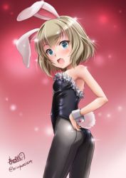 Rule 34 | 10s, 1girl, animal ears, artist name, ass, back-seamed legwear, bad id, bad twitter id, bare shoulders, black leotard, black pantyhose, cowboy shot, fake animal ears, fake tail, fang, from behind, girls und panzer, haruhata mutsuki, katyusha (girls und panzer), leotard, looking at viewer, looking back, open mouth, pantyhose, playboy bunny, rabbit ears, rabbit tail, red background, seamed legwear, short hair, signature, smile, solo, sparkle, standing, strapless, strapless leotard, tail, twitter username, wrist cuffs