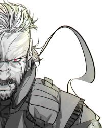 Rule 34 | 1boy, beard, facial hair, frown, full beard, glowing, glowing eye, greyscale, headband, highres, liyamou, looking at viewer, male focus, mature male, metal gear (series), metal gear solid v: the phantom pain, monochrome, portrait, short hair, solo, spot color, thick mustache, tsurime, venom snake