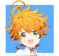 Rule 34 | 1girl, absurdres, ahoge, collared shirt, commentary, emma (yakusoku no neverland), green eyes, hair between eyes, happy, highres, looking at viewer, neck tattoo, number tattoo, open mouth, orange hair, rojogarnina, shirt, short hair, smile, solo, surprised, tattoo, white shirt, yakusoku no neverland