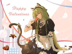 Rule 34 | 1other, alternate costume, androgynous, animal ears, apron, asymmetrical gloves, black dress, bow, bowtie, braid, buttons, cat ears, cat tail, chocolate, closed mouth, collar, collared shirt, dress, elbow gloves, enkidu (fate), fate/grand order, fate (series), flower, food, gloves, green eyes, green hair, hair between eyes, happy valentine, headwear request, heart, holding, holding heart, leaning, long hair, looking at viewer, maid, maid headdress, nanako (user zcmj5835), neckwear request, puffy short sleeves, puffy sleeves, red flower, shirt, short sleeves, simple background, smile, solo, striped bow, striped bowtie, striped clothes, tail, thighhighs, trap, uneven gloves, upper body, valentine, very long hair, white apron, white flower, white gloves, white shirt, white thighhighs